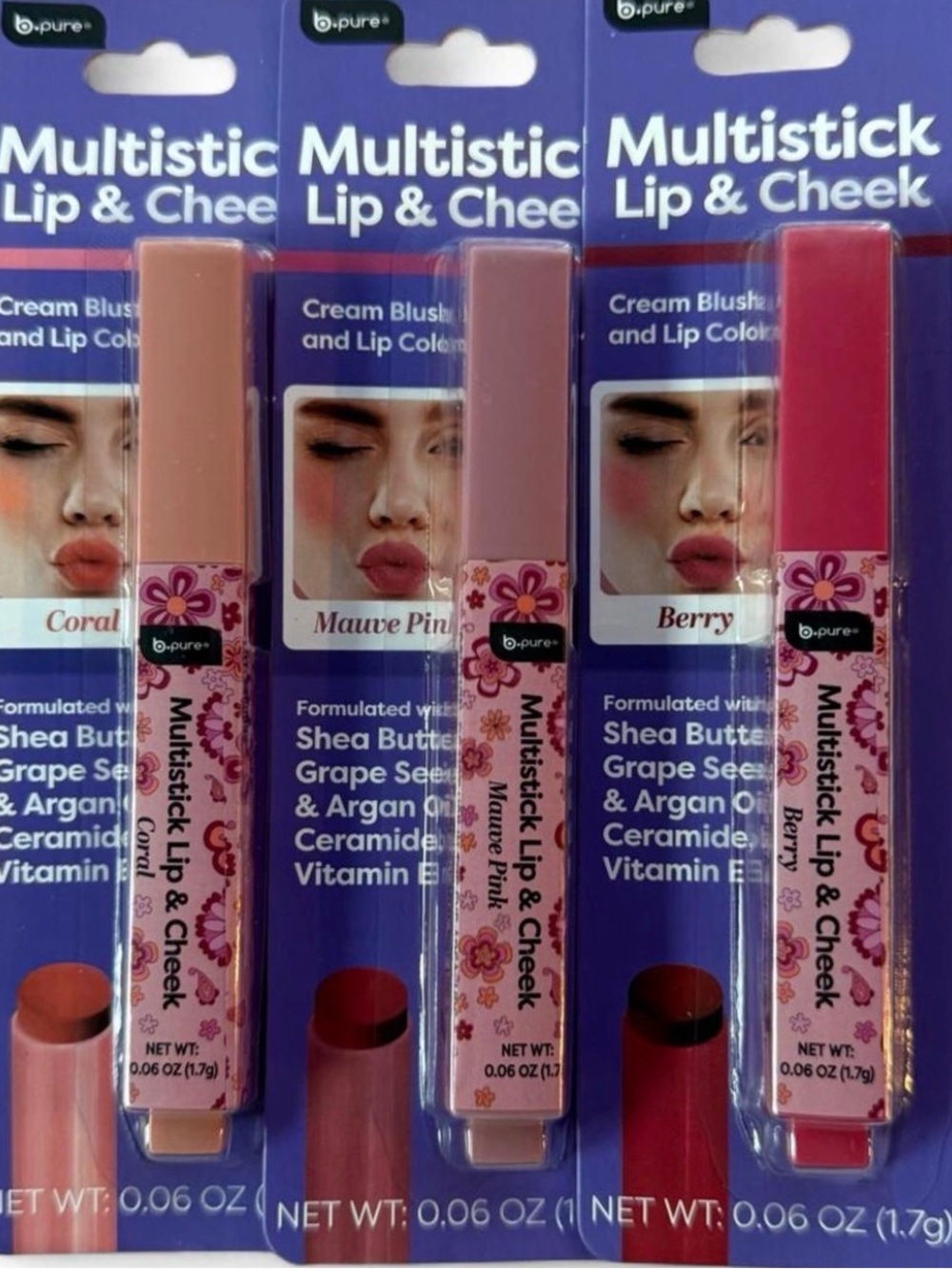 B-Pure Multistick Lip & Cheek Cream Blush — Coral, Mauve Pink, Berry